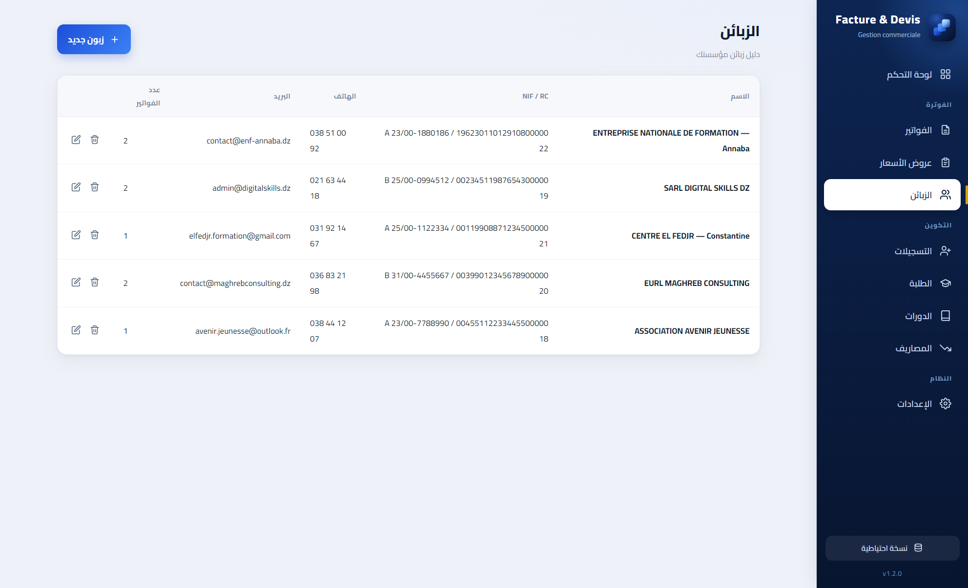 الزبائن — بسجلّهم التجاريّ وتعريفهم الجبائي
